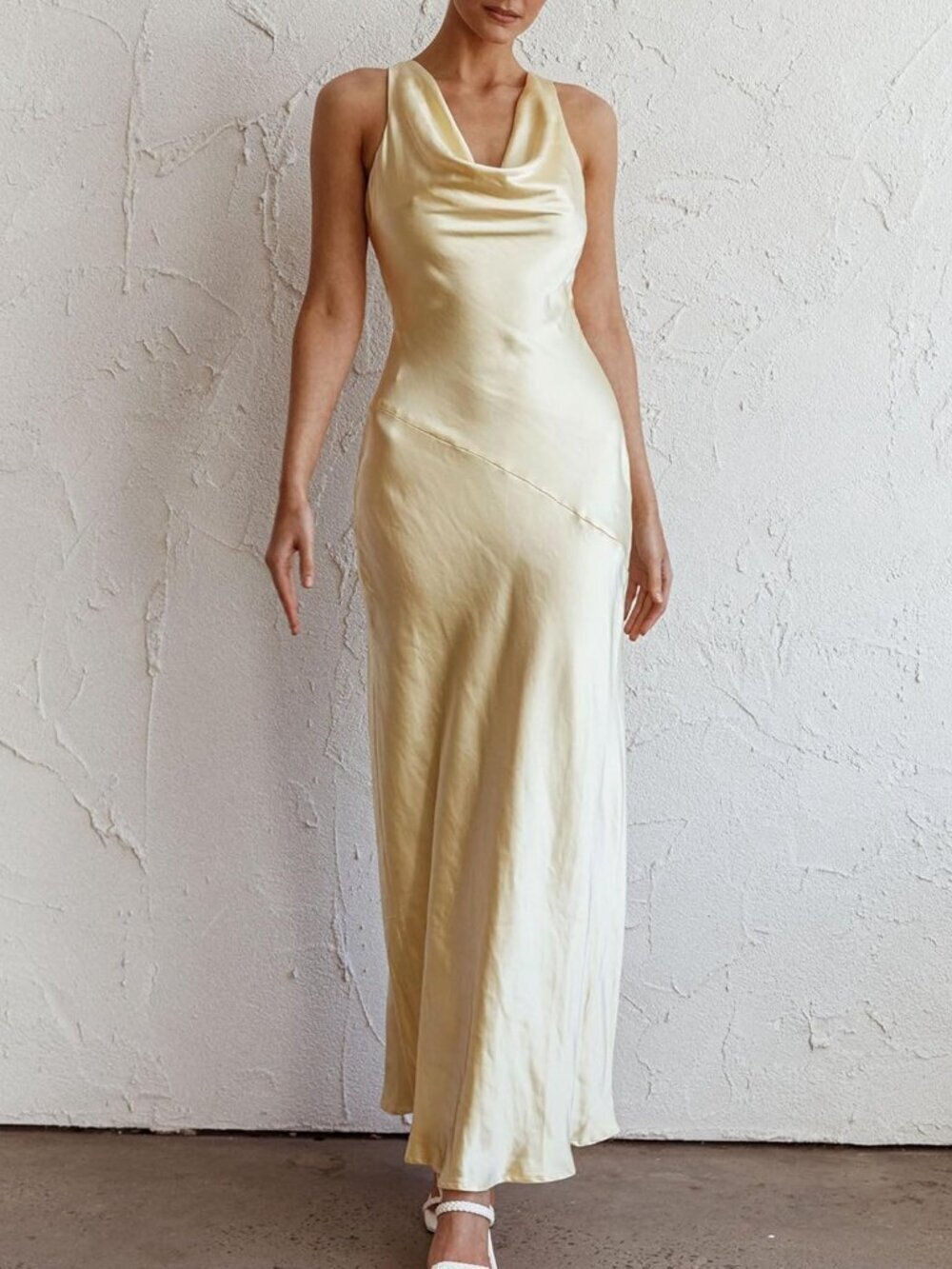 Women's Yellow Summer Satin Backless Cowl Neck Elegant Polyester Maxi Dress - Picture 5 of 5